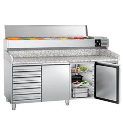 Pizzawerkbank PREMIUM - 2000x800mm - met granieten werkblad - met 2 deuren & 7 laden - incl. glasvitrine LED - 9x GN 1/3