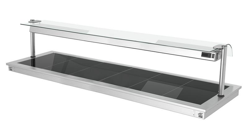 Da incasso Piano caldo da incasso in acciaio inox con piano in vetro temperato - 2100mm - 6x GN 1/1 - 2,7kW - con copertura parafiato in vetro