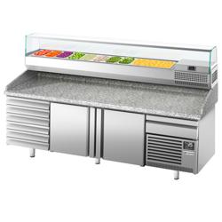 Pizzawerkbank PREMIUM PLUS - 2305x800mm - met granieten werkblad - met 2 deuren & 6 laden - incl. glasvitrine - 10x GN 1/3
