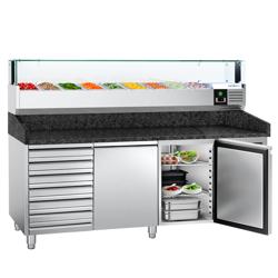 Pizzawerkbank PREMIUM - 2025x800mm - met granieten werkblad - met 2 deuren & 7 laden - incl. glasvitrine LED - 9x GN 1/3