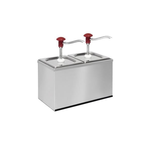 Sausdispenser - verchroomd - 2x2L - 340x180x340mm - geschikt voor GN 1/6 bak 200mm diep - instelbare dosering - met bak - incl. RVS frame