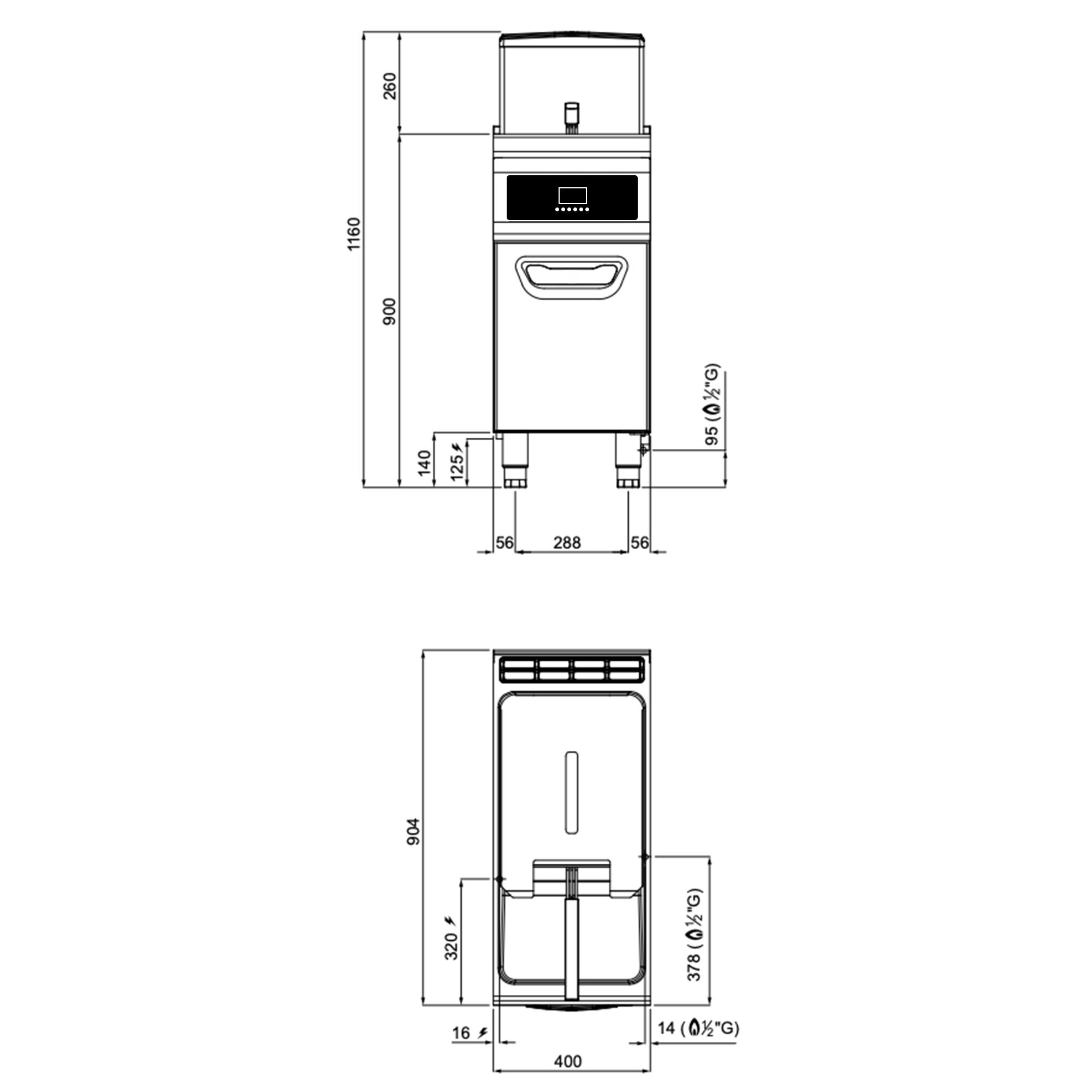 Friteuse à gaz – 20 litres – 17,5 kW – avec filtration d’huile