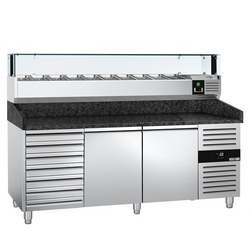 Rashladni pult za pripremu pizze PREMIUM - 2000x800 mm - sa 2 vrata & 7 ladica - uklj. Rashladna nadograđena vitrina LED - 10x GN 1/4