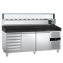 Pizzawerkbank PREMIUM - 2025x800mm - granieten werkblad - met 2 deuren & 7 laden - incl. koelopzetvitrine LED - 10x GN 1/4