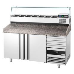 Pizzawerkbank PREMIUM - 1600x800mm - met granieten werkblad - met 2 deuren & 3 laden - incl. glasvitrine - 6x GN 1/3