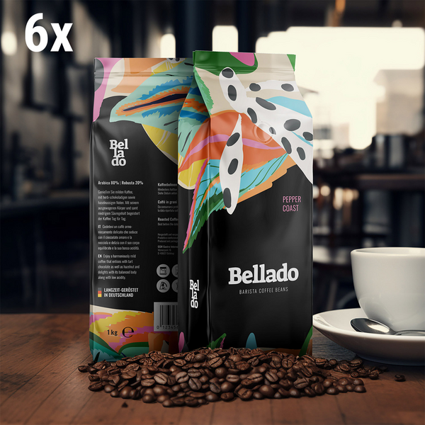 BELLADO | حبوب قهوة "بيبر كوست" - 6× 1 كغ - 80% أرابيكا و20% روبوستا