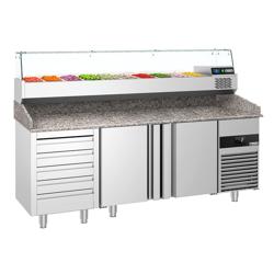 Pizzawerkbank PREMIUM - 2100x800mm - met granieten werkblad - met 2 deuren & 5 laden - incl. glasvitrine - 10x GN 1/3