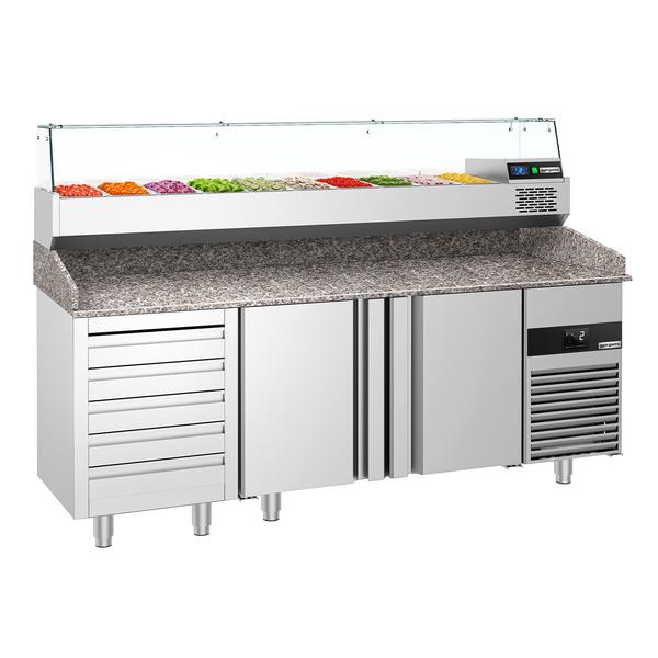 Commercial Pizza Prep Counter - Granite Top PREMIUM - 2100x800mm - with 2 doors & 5 drawers - incl. refrigerated topping unit with glass sneeze guard - 10x GN 1/3