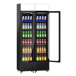 (2 pcs) Commercial Upright Glass Door Display Fridge with Illuminated Canopy - 870mm - 290 Litres - with 2 hinged glass doors - LED lighting - digital controller with temperature display - Black - Temperature range 1 to 10 °C