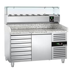Stół chłodniczy do pizzy ECO - 1500x800mm - z blatem granitowym - 1‑drzwiowy, 7 szuflad - z nadstawką chłodniczą z osłoną szklaną z oświetleniem LED - 7x GN 1/4