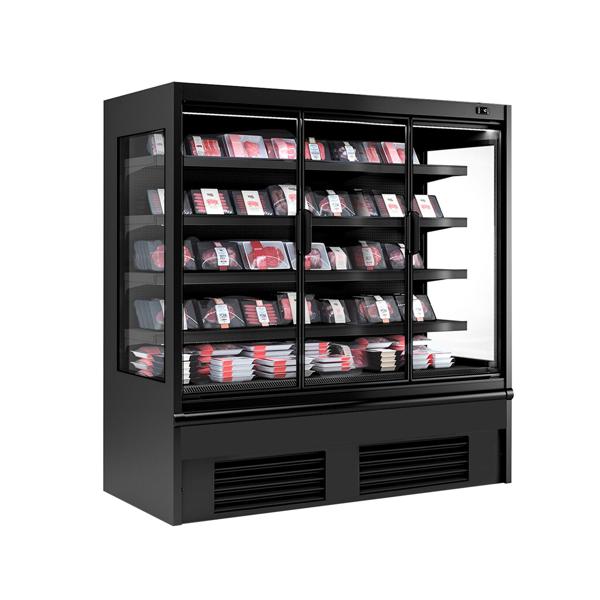 Commercial multideck display fridge - 1955mm - 852L - with 3 double‑glazed hinged glass doors & 4 shelves - Black