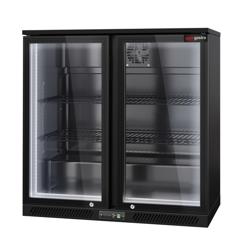 Barová lednice - 900 mm - 220 litrů - s 2 skleněnými křídlovými dveřmi - vnější i vnitřní černá - LED osvětlení