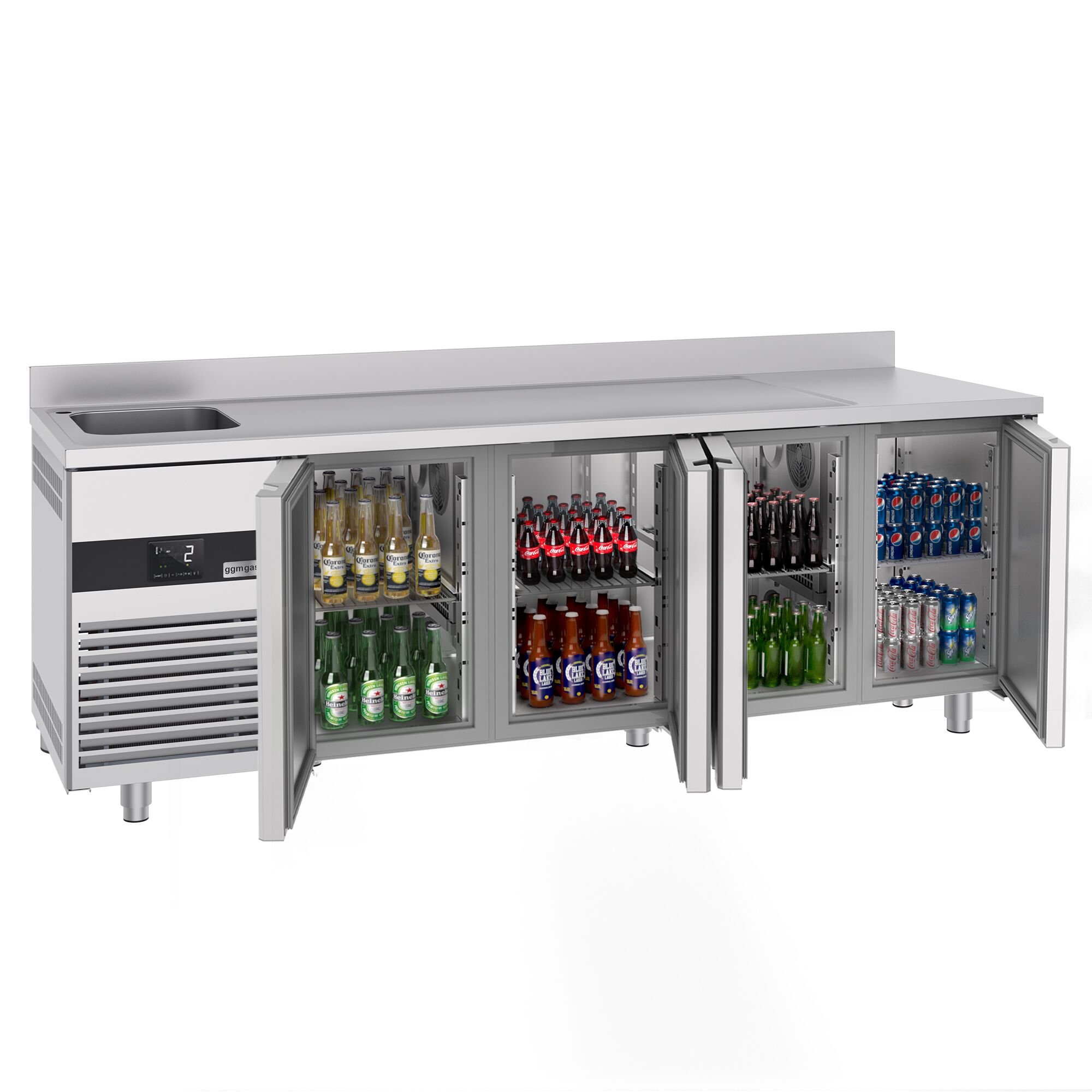 Table réfrigérée PREMIUM - 2360x700 mm - avec 4 portes, 1 bac à gauche - avec dosseret