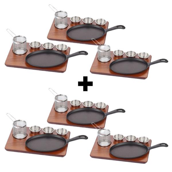 (6 pcs) Sizzle Platter Set - 6-piece set - incl. wooden base, fryer basket, dip bowls - cast iron pan; stainless steel AISI 304 accessories; MDF board - 350x260mm - oval
