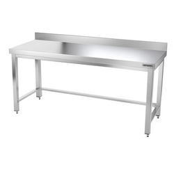 Arbetsbord i rostfritt stål PREMIUM - 1,8 m - med mellanhylla, stag & bakkant