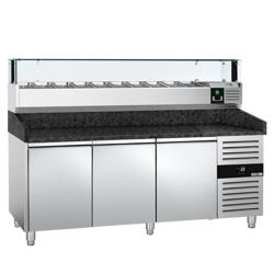Pizzawerkbank PREMIUM - 2000x800mm - met granieten werkblad - met 3 deuren - incl. glasvitrine LED - 10x GN 1/4