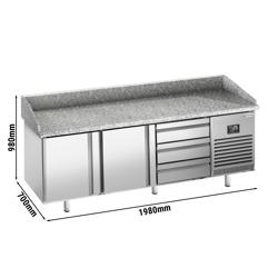 Pizzawerkbank PREMIUM PLUS - 1980x1139mm - granieten werkblad - met 2 deuren & 3 deeglades (EN 600x400)