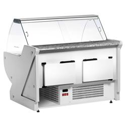 Koeltoonbank Tuva - 2025x1150mm - 400 liter - kleur rood - achterzijde 2 schuifdeuren - gebogen ruit - granit werkblad