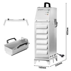 Filtru ulei pentru friteuză - 80 l/min | 100 W | 220-240 V | 160x260x485 mm - oțel inoxidabil | sub 50 dB | max. 180 °C - cu tavă de scurgere și transport, șină de fixare