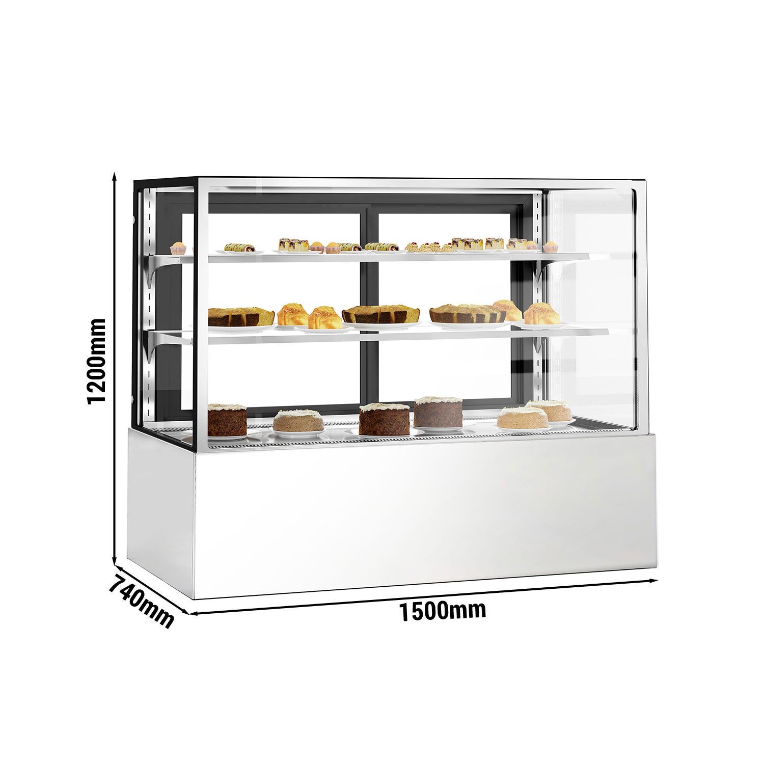 Vitrine à pâtisserie réfrigérée - 598L - 1500mm - Double vitrage - avec 2 étagères en verre - portes coulissantes vitrées arrière