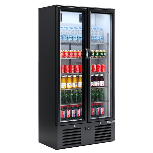 Armario expositor refrigerado para bebidas PREMIUM - 900mm - 435 litros - 2 puertas de cristal con iluminación LED - termostato digital - Negro