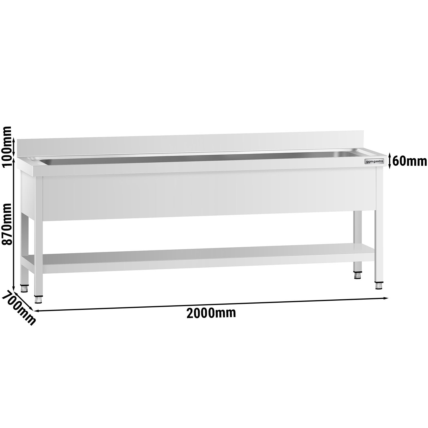 Topfspültisch - 2000x700mm - mit Grundboden & 1 Becken