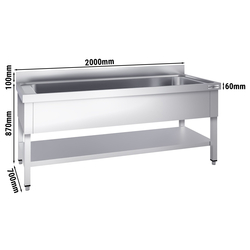 Vaskeborde til gryder med underhylde 2,0 m - 1 vask L 180 x W 50 x D 38 cm