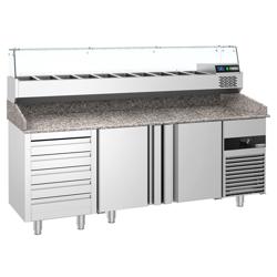 Pizzawerkbank PREMIUM - 2100x800mm - met granieten werkblad - met 2 deuren & 5 laden - incl. glasvitrine - 10x GN 1/3