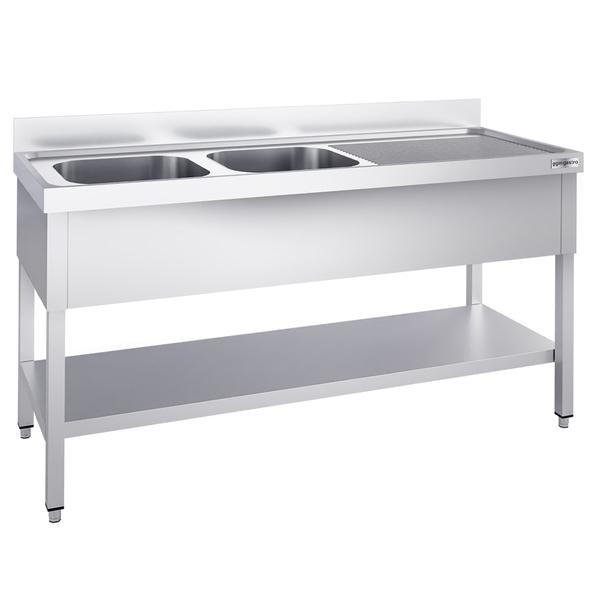 Fregadero de acero Inox. con estante inferior PREMIUM - 2,0 m - 2 fregaderos a la izquierda A 50 x P 40 x A 25 cm