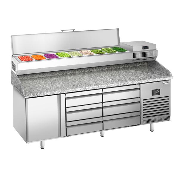 Pizzakylbänk PREMIUM PLUS - 1980x700 mm - granitskiva - med 1 dörr & 6 lådor - inkl. kylränna - 9x GN 1/4