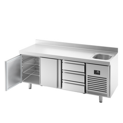 Koelwerkbank Premium PLUS - 1960x600mm - met 1 spoelbak, 2 deuren, 3 laden & achterwand