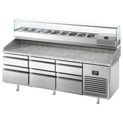 Pizza Hazırlık Tezgahı Premium PLUS - 1980x700mm -6 Çekmeceli - Soğutmalı vitrin dahil- 9x GN 1/4