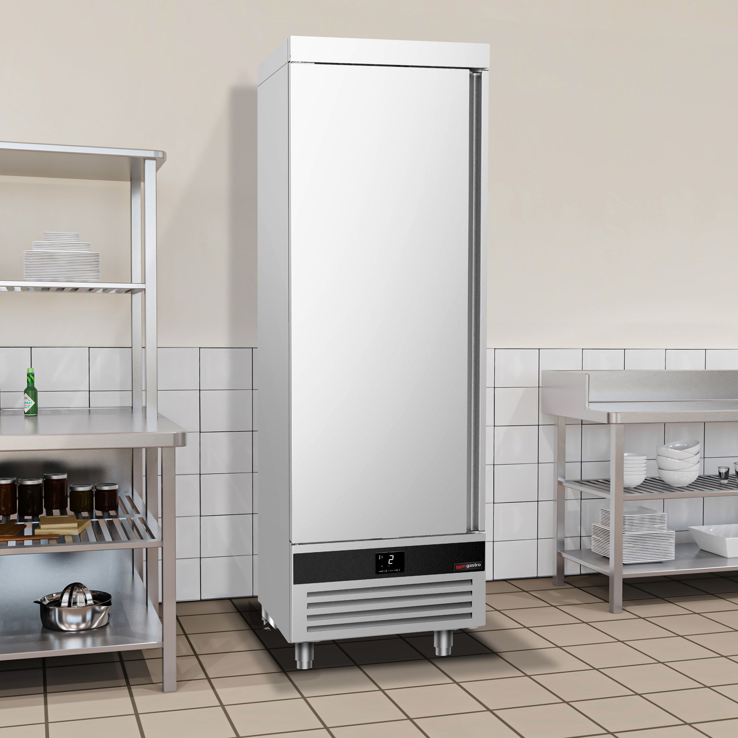 Armoire réfrigérée positive en acier inoxydable AISI 430 PREMIUM - GN 2/1 - 600 L - avec 1 porte & Glissières GN & 4 grilles GN 2/1