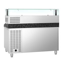 Pizzawerkbank PREMIUM - 1500x800mm - met granieten werkblad - met 2 deuren - incl. glasvitrine LED - 7x GN 1/4