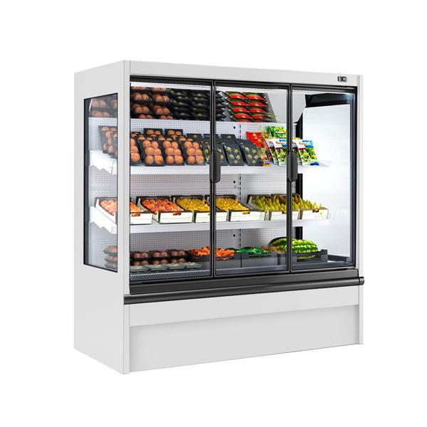 Commercial wall-mounted refrigerated display shelving - 1955 mm - 555 litres - with 3 double-glazed hinged doors and 2 shelves