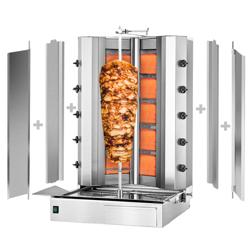 Gáz Gyros sütő - 10 égő - 32,5 kW - max. 120 kg - Asztali kivitel - tartozékokkal: 2 összecsukható ajtó (balról-jobbról), 1 nyárs, zsírfogó tálca, fúvókakészlet földgázhoz és propánhoz