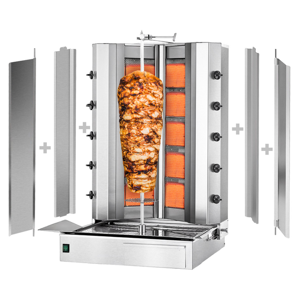 Plinski gyros-/ doner roštilj - V-oblik - 5+5 plamenika - Maks. 120 kg - Uklj. 2 zaštitne ploče & 2 krilna vrata
