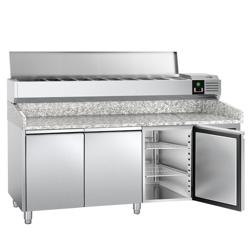 Pizzawerkbank PREMIUM - 2000x800mm - met granieten werkblad - met 3 deuren - incl. glasvitrine LED - 10x GN 1/4