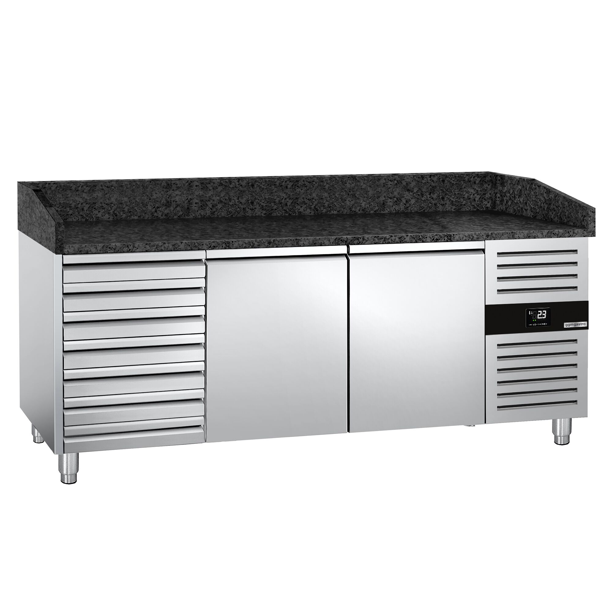 Pizzakylbänk PREMIUM - 2025x800 mm - granitskiva - med 2 dörrar & 7 lådor