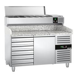 Pizzawerkbank PREMIUM - 1500x800mm - met granieten werkblad - met 1 deur & 7 laden - incl. opzetkoelvitrine - 7x GN 1/4