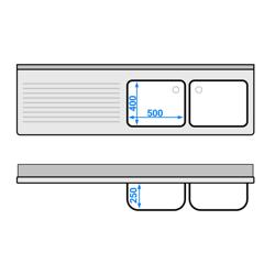 Plonge inox professionnelle PREMIUM - 2000x600mm - 2 bac(s) à droite - avec égouttoir à gauche - passage lave-vaisselle à gauche