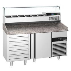 Pizzawerkbank PREMIUM - 1550x800mm - met granieten werkblad - met 1 deur & 5 laden - incl. glasvitrine - 6x GN 1/3