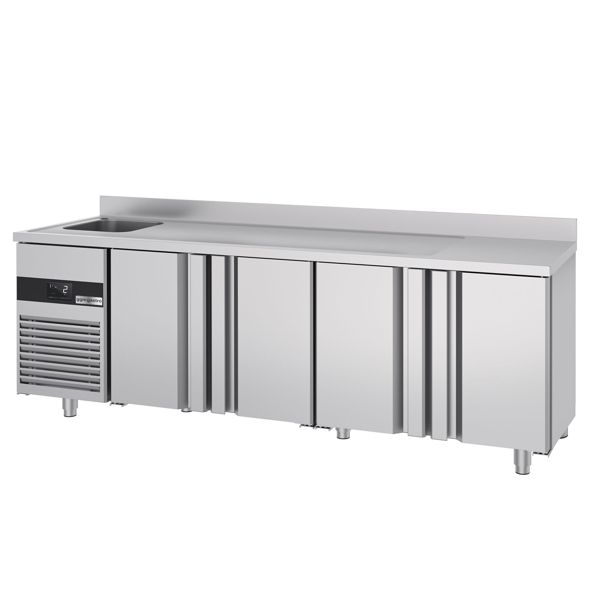 Table réfrigérée PREMIUM - 2360x700 mm - avec 4 portes, 1 bac à gauche - avec dosseret