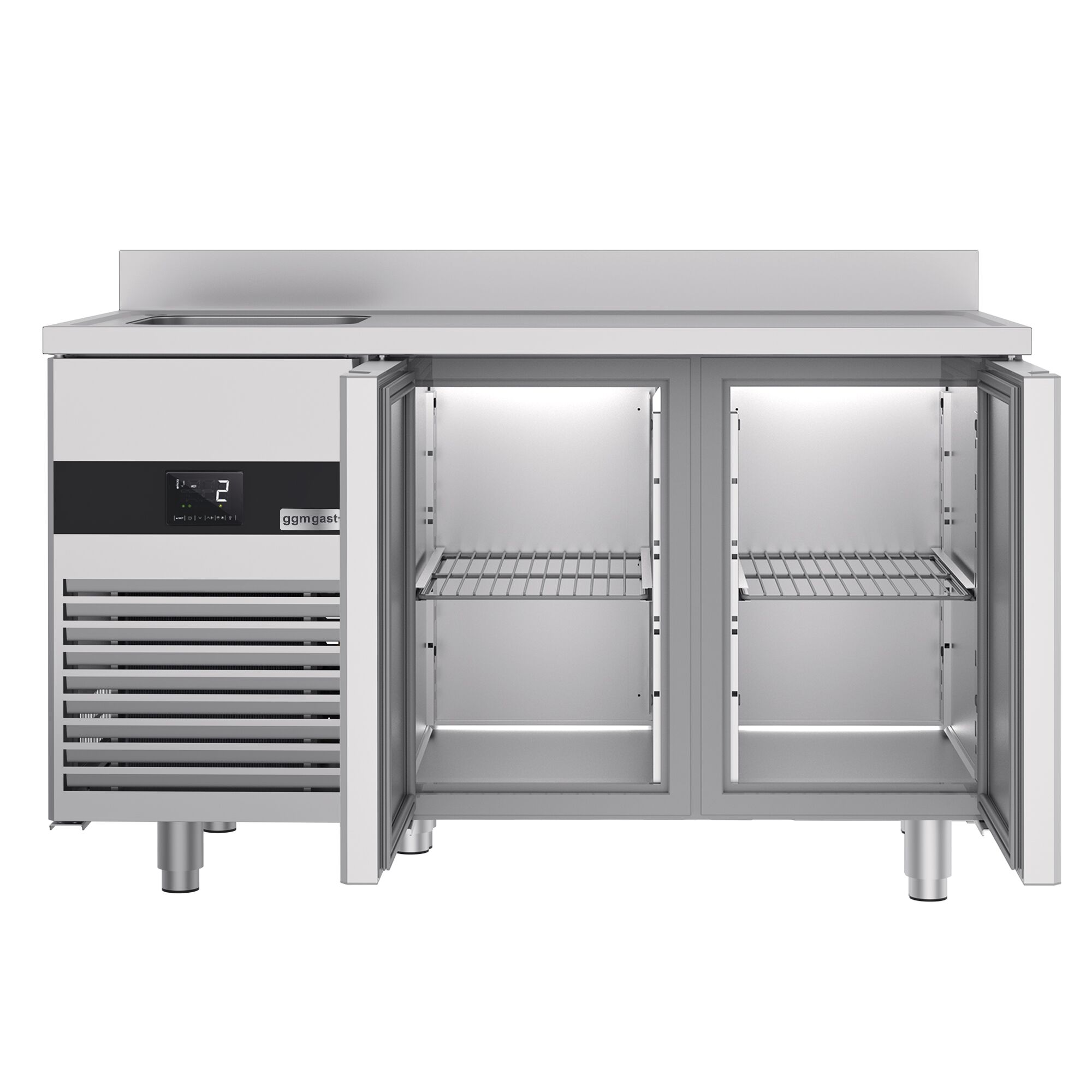 Table réfrigérée PREMIUM - 1430 x 700 mm - avec 2 portes, 1 bac à gauche - dosseret