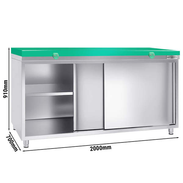 Dulap de lucru din oțel inoxidabil PREMIUM - 2 m - cu ușă glisantă - incl. blat de lucru verde