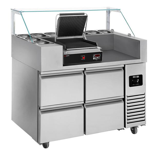 Commercial Refrigerated Prep Table PREMIUM – Glass Top – 2 Doors – 1210 mm – for 9× GN 1/6 - with Contact Grill (50–300°C)