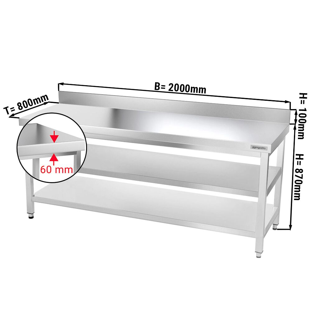 Radni stol od nehrđajućeg čelika PREMIUM - 2000x800 mm - Sa podnom pločom, poleđinom & međupločom
