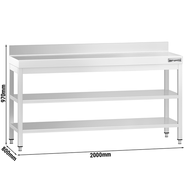 Edelstahl Arbeitstisch PREMIUM - 2000x800mm - mit Grundboden, Aufkantung & Zwischenboden