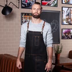 (6 pieces) KARLOWSKY | Urban Cross-Back Bib Apron – black - leather straps - 68×80 cm