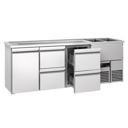 Refrigerated Beer Counter 1 Door + 4 Drawers, 2 Right Sinks PREMIUM – 2500×700×960 mm - 50 L keg/door - Racks not included - Stainless Steel - R290